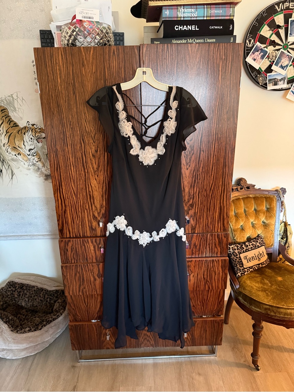 S.L. Fashions Black Midi Dress with White Floral Appliqué